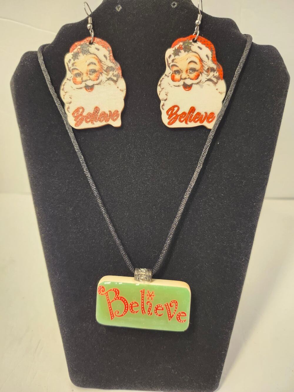 Christmas "Believe" Set Necklace Earrings Domino Pendant Santa Handmade Custom